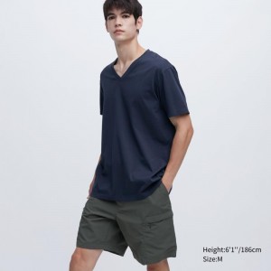 Men Uniqlo Dry Color V-Neck Short-Sleeve T Shirts Navy | 5694531