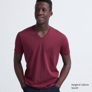 Men Uniqlo Dry Color V-Neck Short-Sleeve T Shirts Red | 3092765