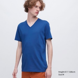 Men Uniqlo Dry Color V-Neck Short-Sleeve T Shirts Blue | 6411691