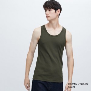 Women Uniqlo Dry Color Ribbed Tank Top Olive | 6044552