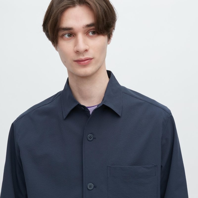 Men Uniqlo Airsense Shirt SeersuckerUltra Light Shirt Jackets Blue | 5138320