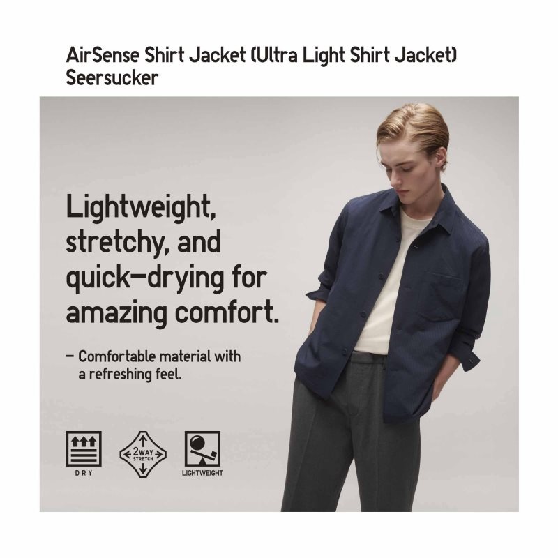 Men Uniqlo Airsense Shirt SeersuckerUltra Light Shirt Jackets Blue | 5138320