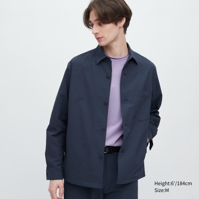 Men Uniqlo Airsense Shirt SeersuckerUltra Light Shirt Jackets Blue | 5138320