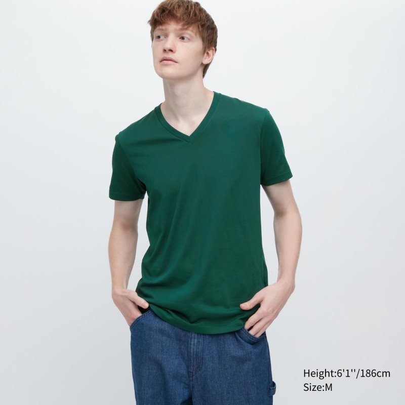 Men Uniqlo Dry Color V-Neck Short-Sleeve T Shirts Green | 510389