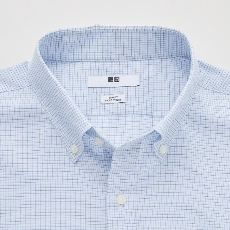 Men Uniqlo Easy Care Checked Stretch Slim-fit Long-sleeve Shirts Blue | 9856506