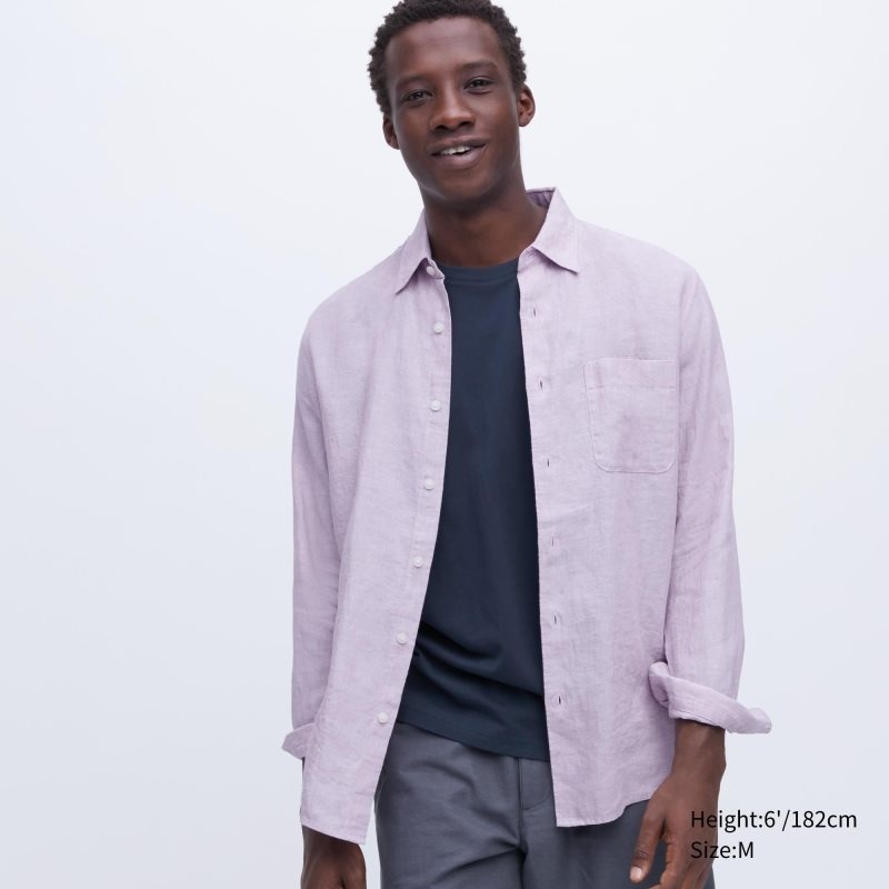Men Uniqlo Premium Linen Long-sleeve Shirts Pink | 5221865