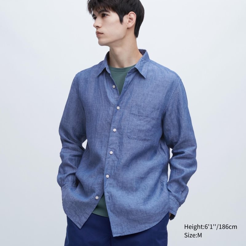 Men Uniqlo Premium Linen Long-sleeve Shirts Blue | 6908774