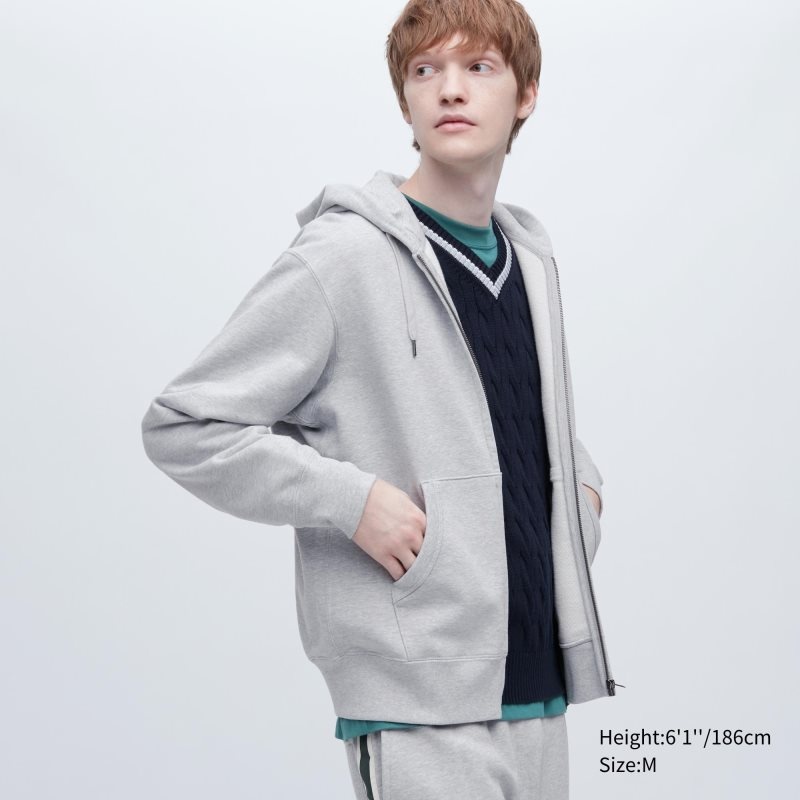 Men Uniqlo Sweat Full-zip Hoodie Grey | 3478310