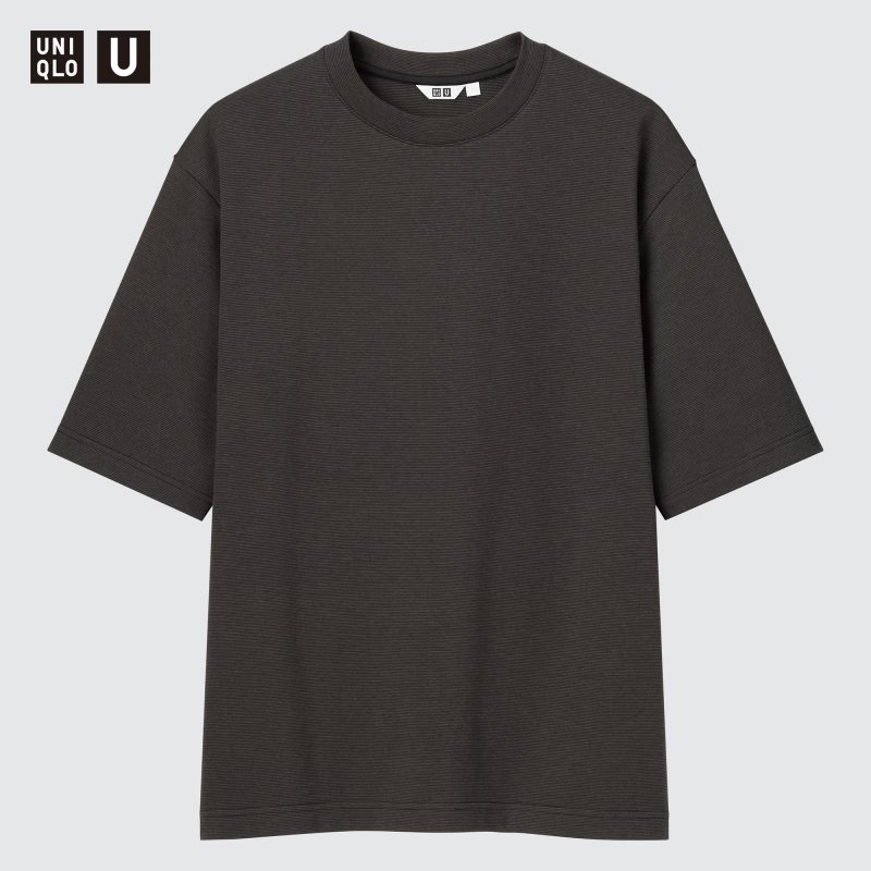 Men Uniqlo U Airism Cotton Striped Crew Neck Oversized T Shirts Black | 1082127
