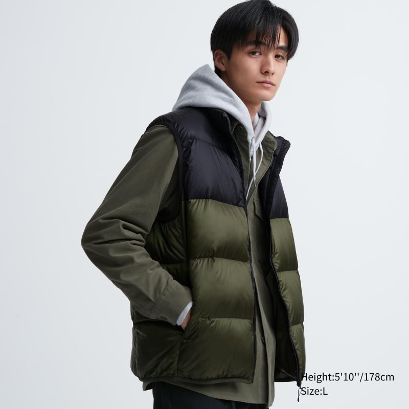 Men Uniqlo Ultra Light Down Color Block Vest Olive | 8632962