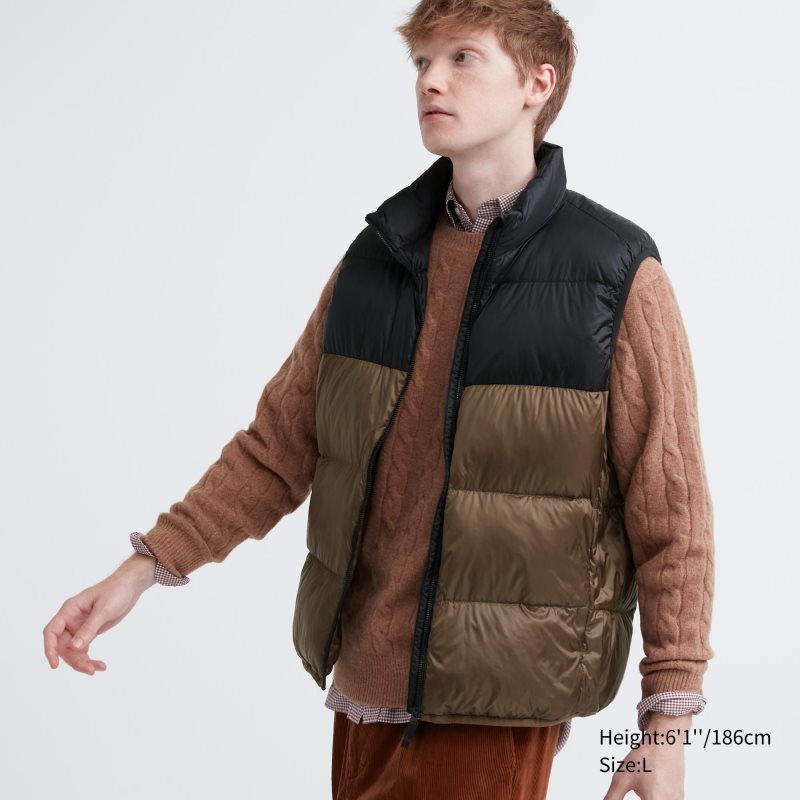 Men Uniqlo Ultra Light Down Color Block Vest Brown | 8035259