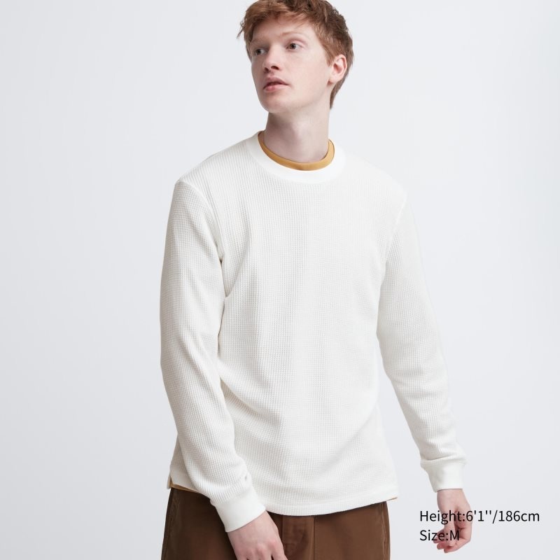 Men Uniqlo Waffle Crew Neck Long-Sleeve T Shirts White | 4878946