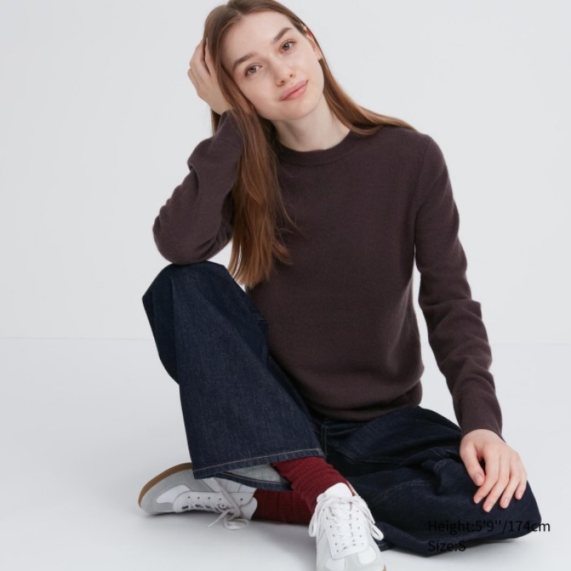 Women Uniqlo Cashmere Crew Neck Long-sleeve Sweaters Brown | 1426440