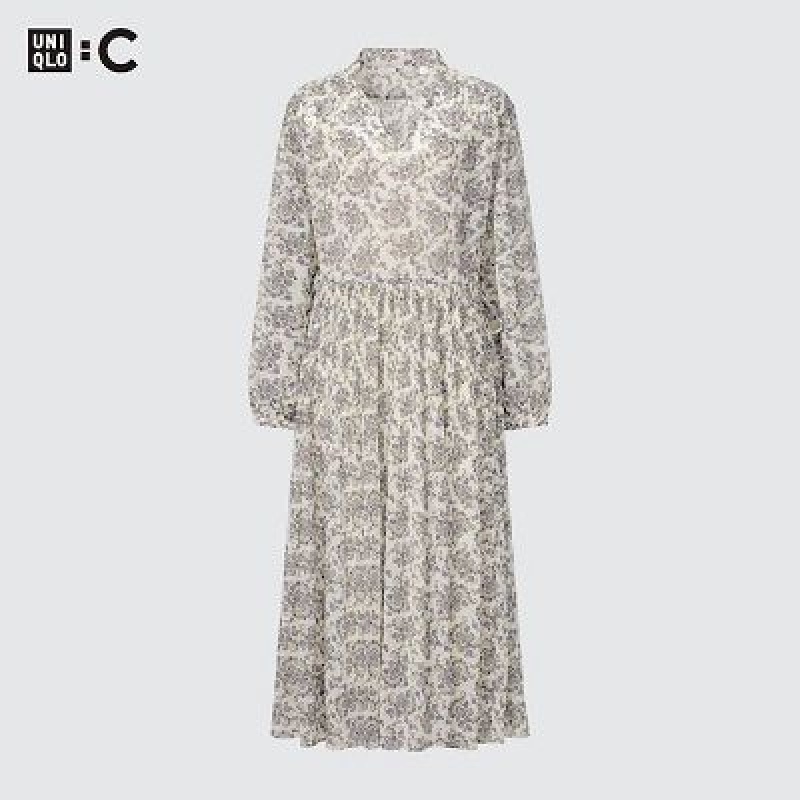 Women Uniqlo Chiffon Pleated Long-Sleeve Dress White | 8032277