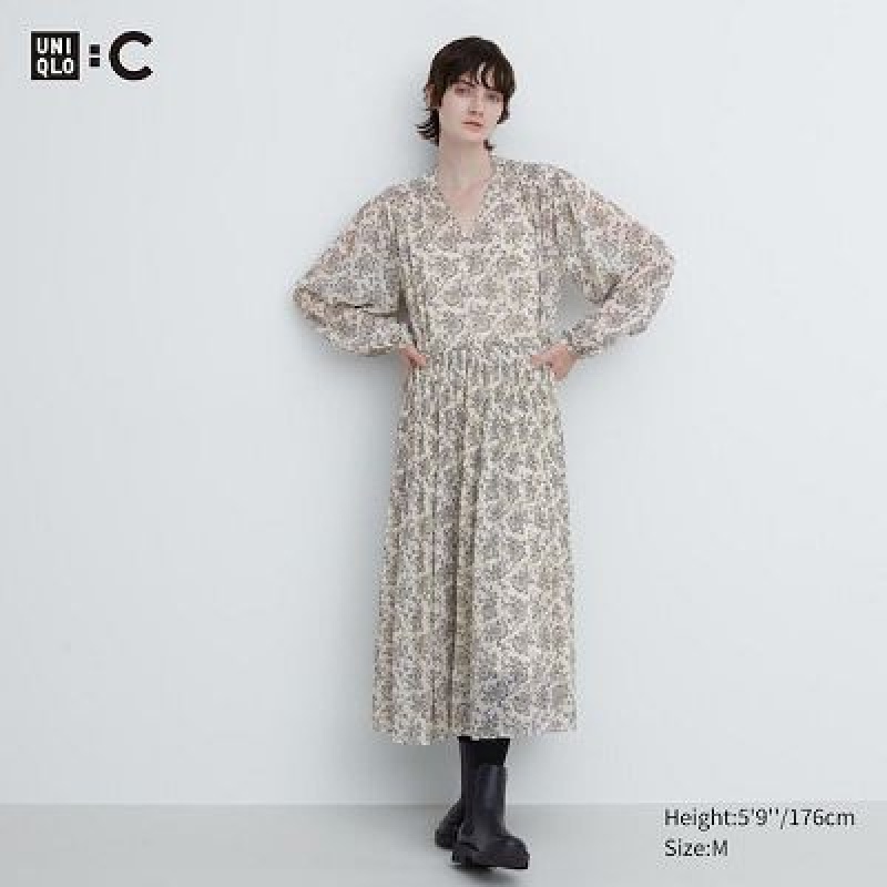 Women Uniqlo Chiffon Pleated Long-Sleeve Dress White | 8032277