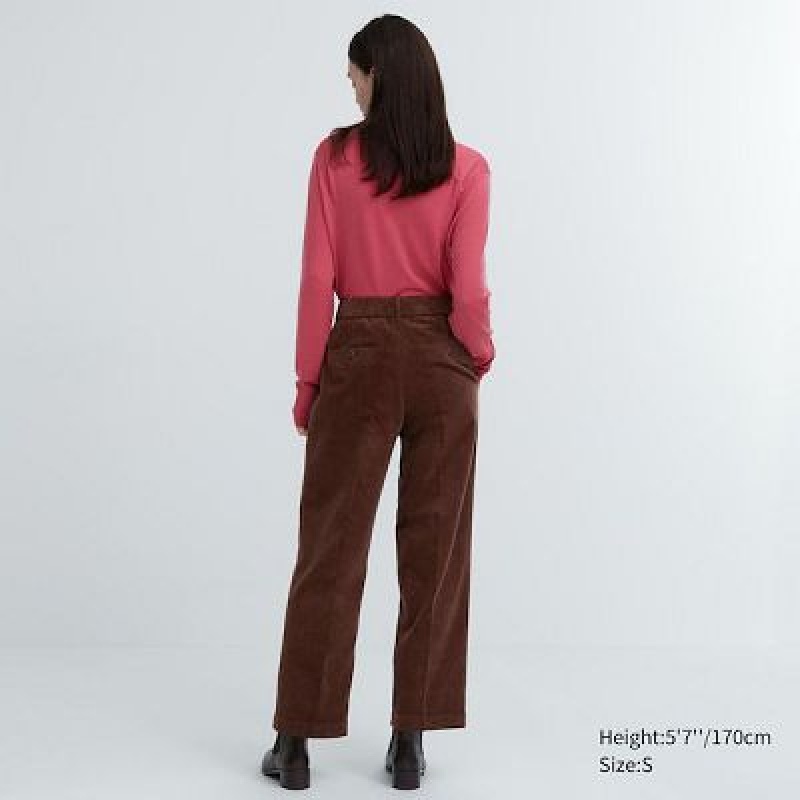 Women Uniqlo Corduroy Wide-Fit Pleated Pants Brown | 4683530