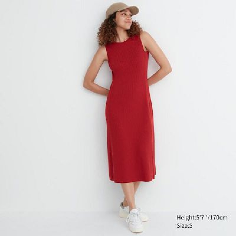 Women Uniqlo Cotton Blend Knit Sleeveless Dress Red | 1713108