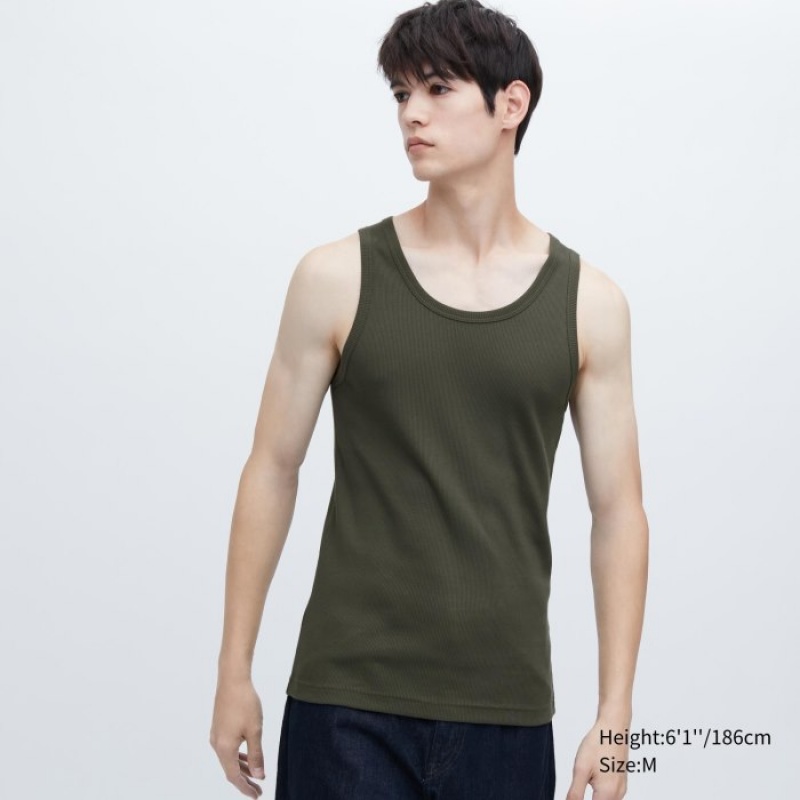 Women Uniqlo Dry Color Ribbed Tank Top Olive | 6044552