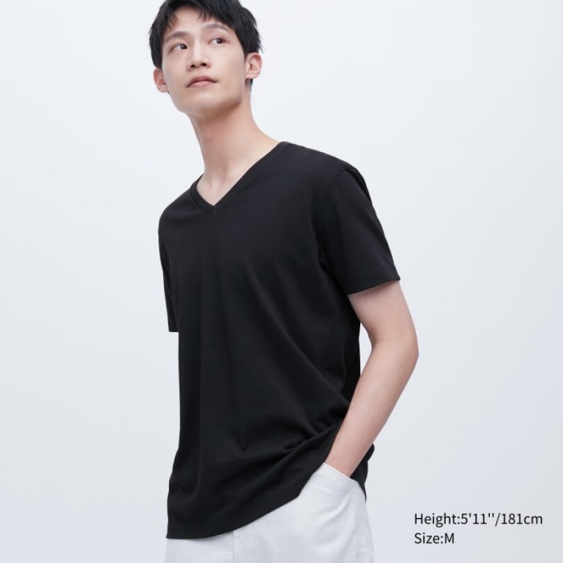 Women Uniqlo Dry Color V-Neck Short-Sleeve T Shirts Black | 7341647