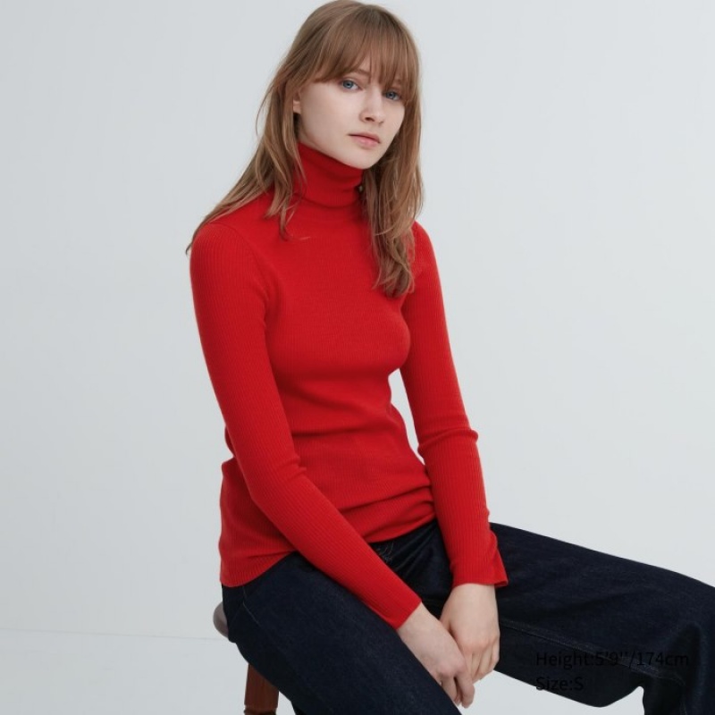 Women Uniqlo Extra Fine Merino Ribbed Turtleneck Long-Sleeve Sweaters Red | 9834648
