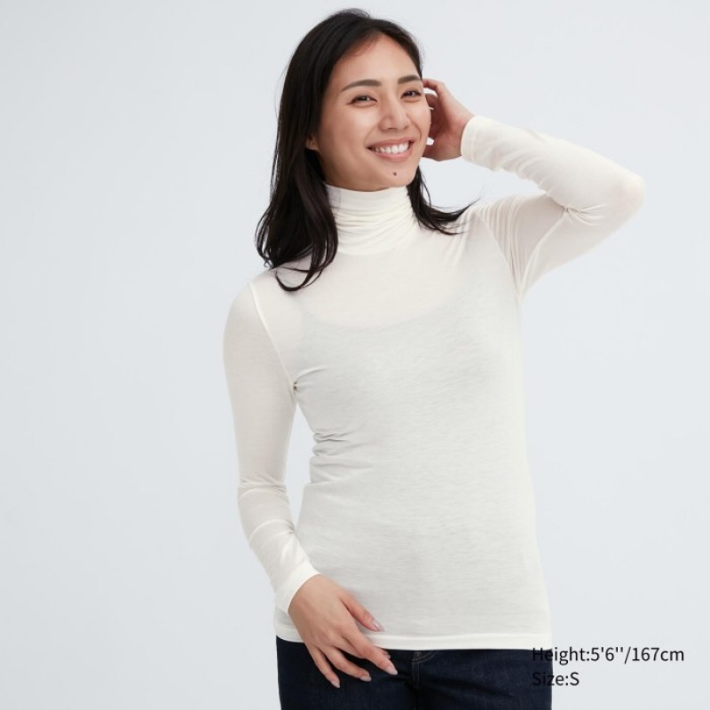 Women Uniqlo HEATTECH Ultra Light Turtleneck Long-Sleeve T Shirts White | 3444160