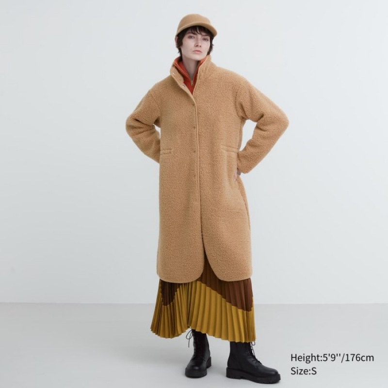 Women Uniqlo Pile Lined Fleece Stand Collar Coats Beige | 7390969