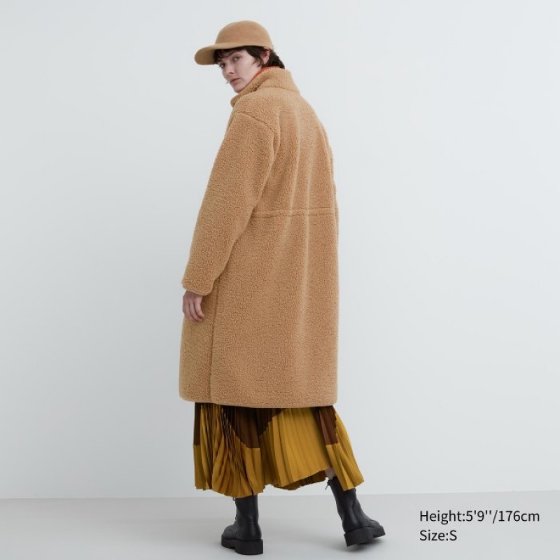 Women Uniqlo Pile Lined Fleece Stand Collar Coats Beige | 7390969