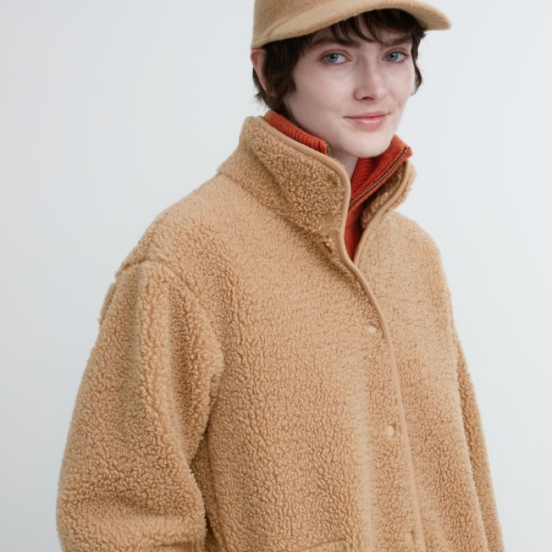 Women Uniqlo Pile Lined Fleece Stand Collar Coats Beige | 7390969