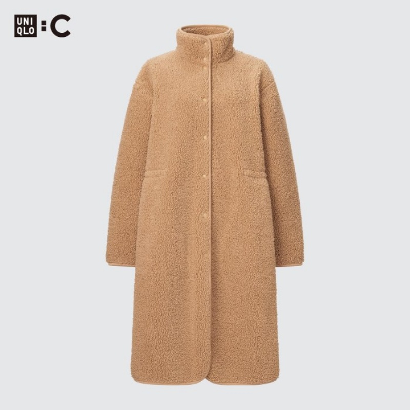 Women Uniqlo Pile Lined Fleece Stand Collar Coats Beige | 7390969