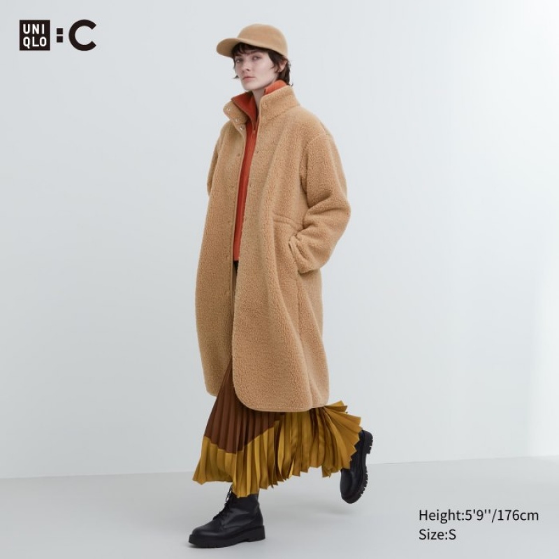 Women Uniqlo Pile Lined Fleece Stand Collar Coats Beige | 7390969