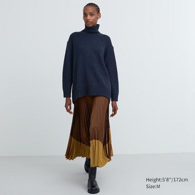 Women Uniqlo Pleated Color Block Skirts Brown | 9987115