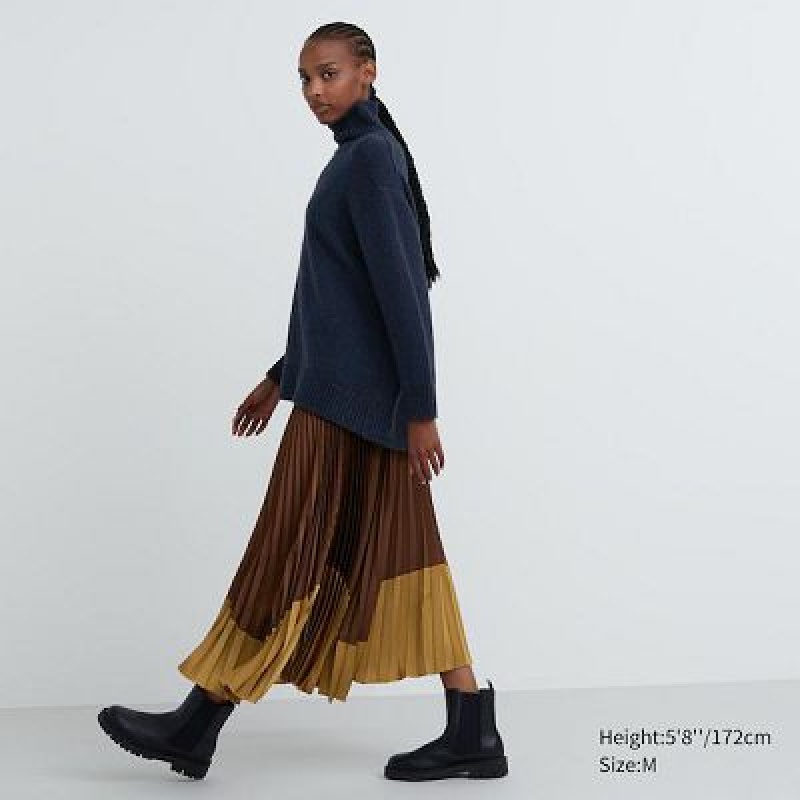 Women Uniqlo Pleated Color Block Skirts Brown | 9987115