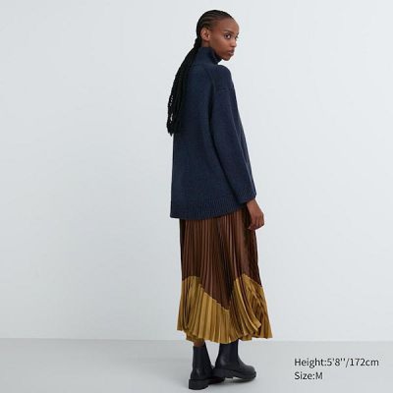 Women Uniqlo Pleated Color Block Skirts Brown | 9987115