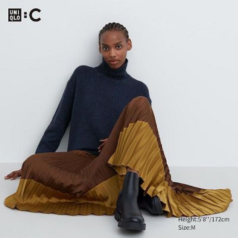 Women Uniqlo Pleated Color Block Skirts Brown | 9987115