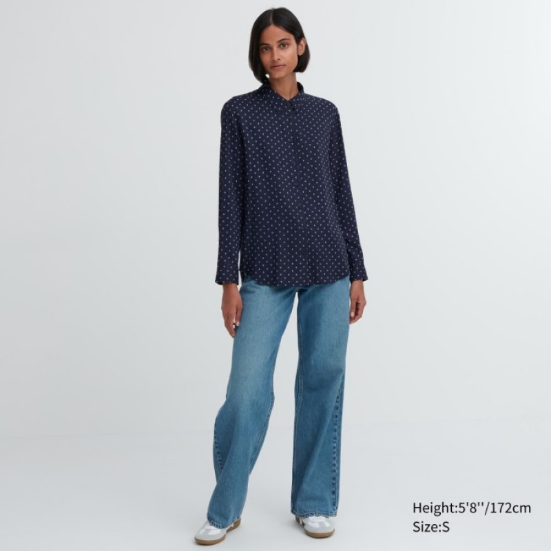 Women Uniqlo Rayon Printed Long-Sleeve Blouse Navy | 6688990