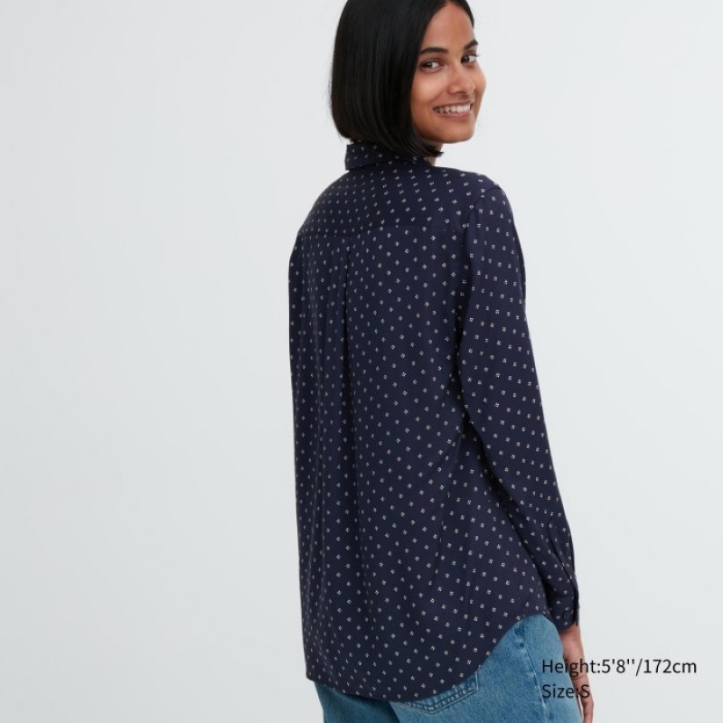 Women Uniqlo Rayon Printed Long-Sleeve Blouse Navy | 6688990