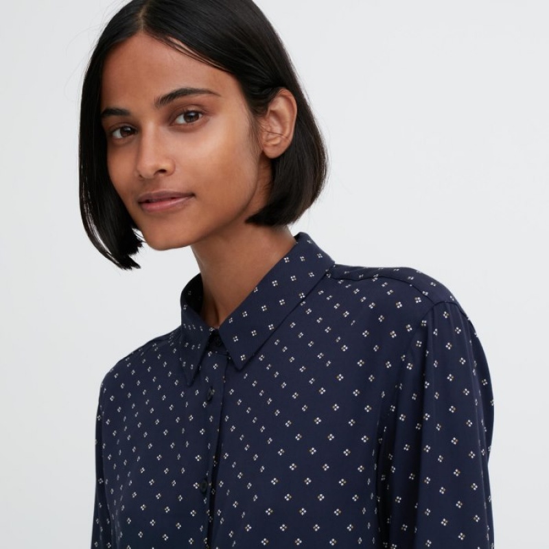 Women Uniqlo Rayon Printed Long-Sleeve Blouse Navy | 6688990