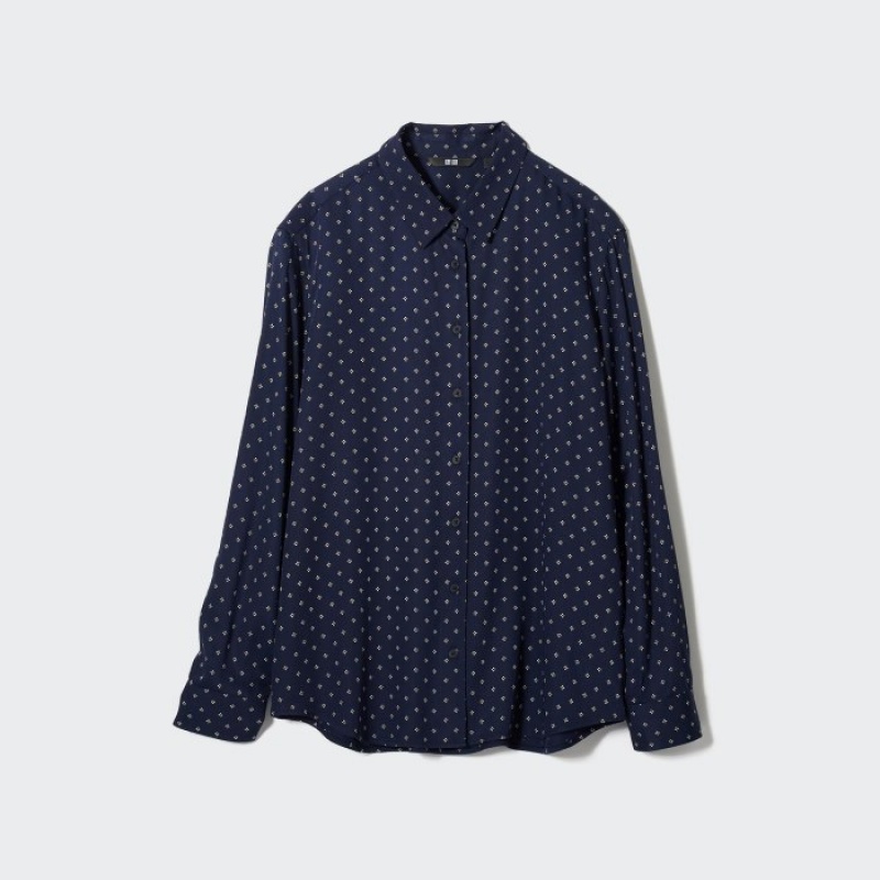 Women Uniqlo Rayon Printed Long-Sleeve Blouse Navy | 6688990