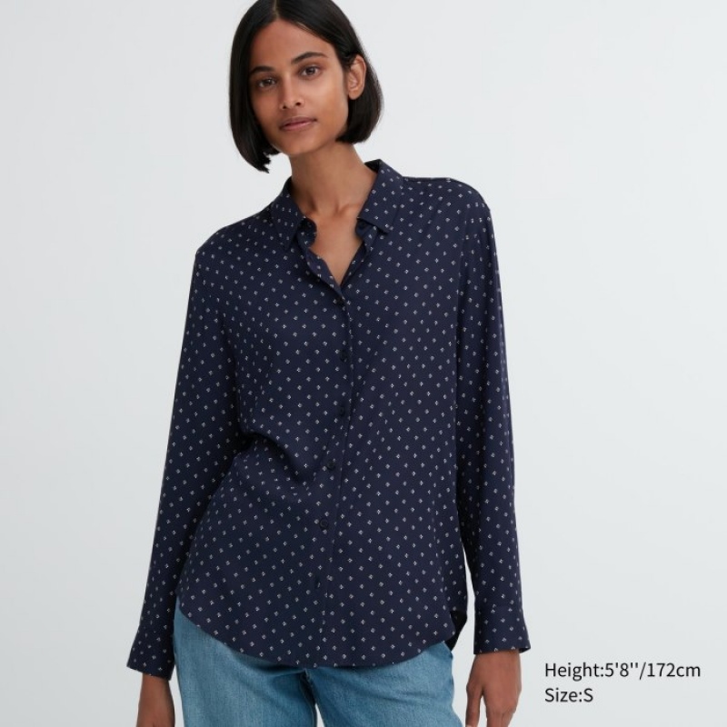Women Uniqlo Rayon Printed Long-Sleeve Blouse Navy | 6688990