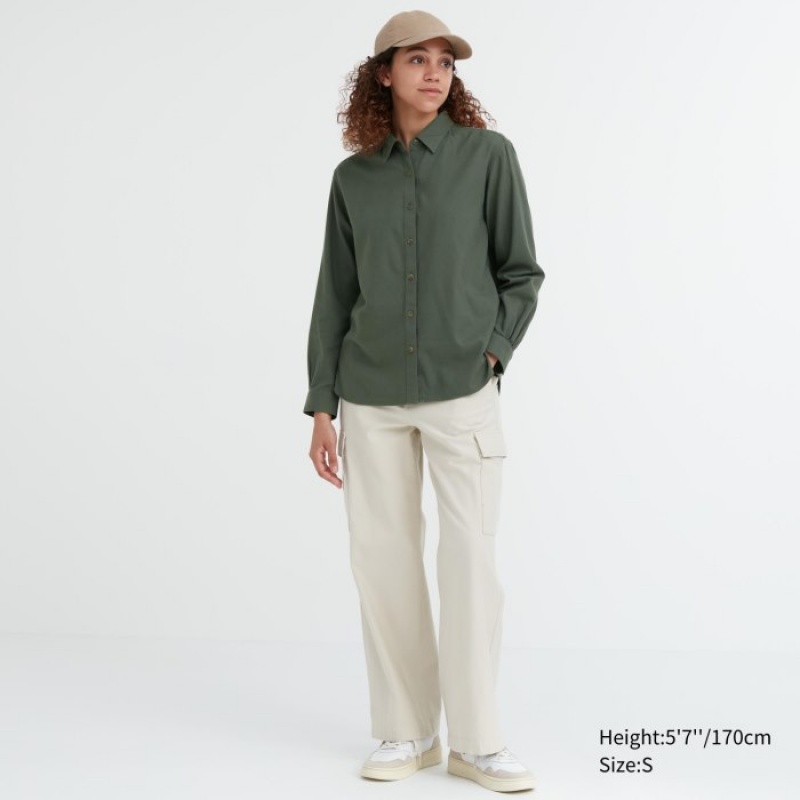 Women Uniqlo Soft Brushed Long-Sleeve Shirts Green | 8399848