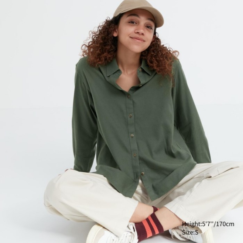 Women Uniqlo Soft Brushed Long-Sleeve Shirts Green | 8399848