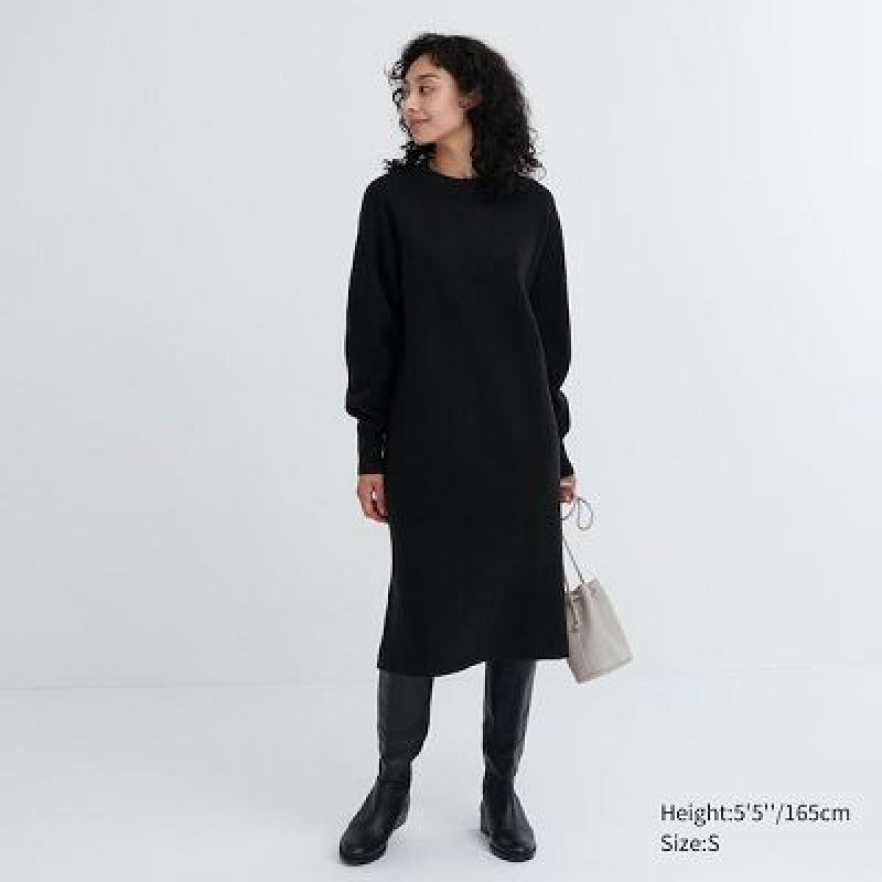 Women Uniqlo Souffle Yarn Long-Sleeve Dress Black | 7787690